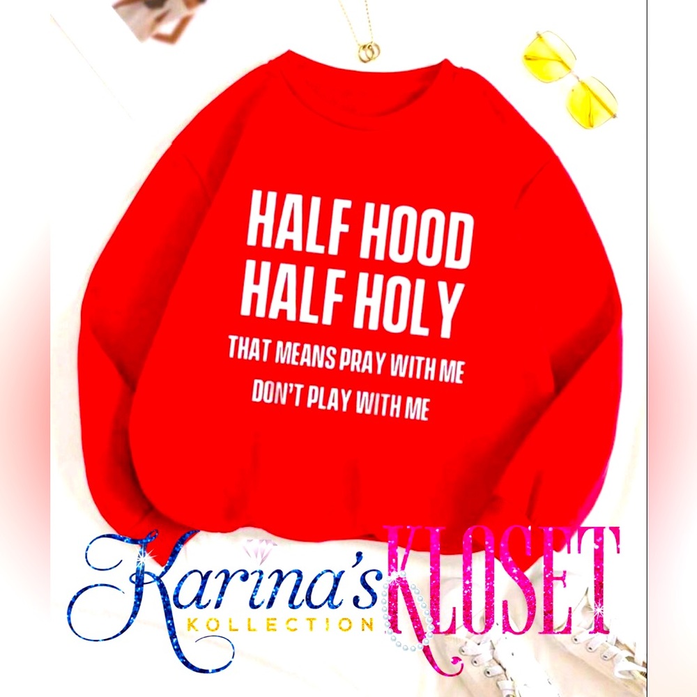 Half Hood Half Holy Red & White Statement Sweater, Crew Neck Sweater, Oversized